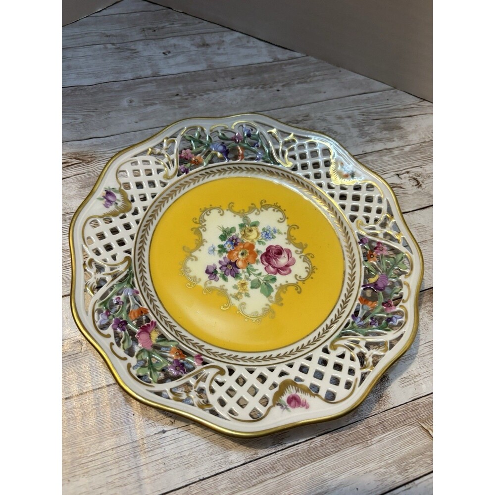 Vintage Schumann Bavaria Chateau Yellow Reticulated Plate Dresden Flowers 1920s